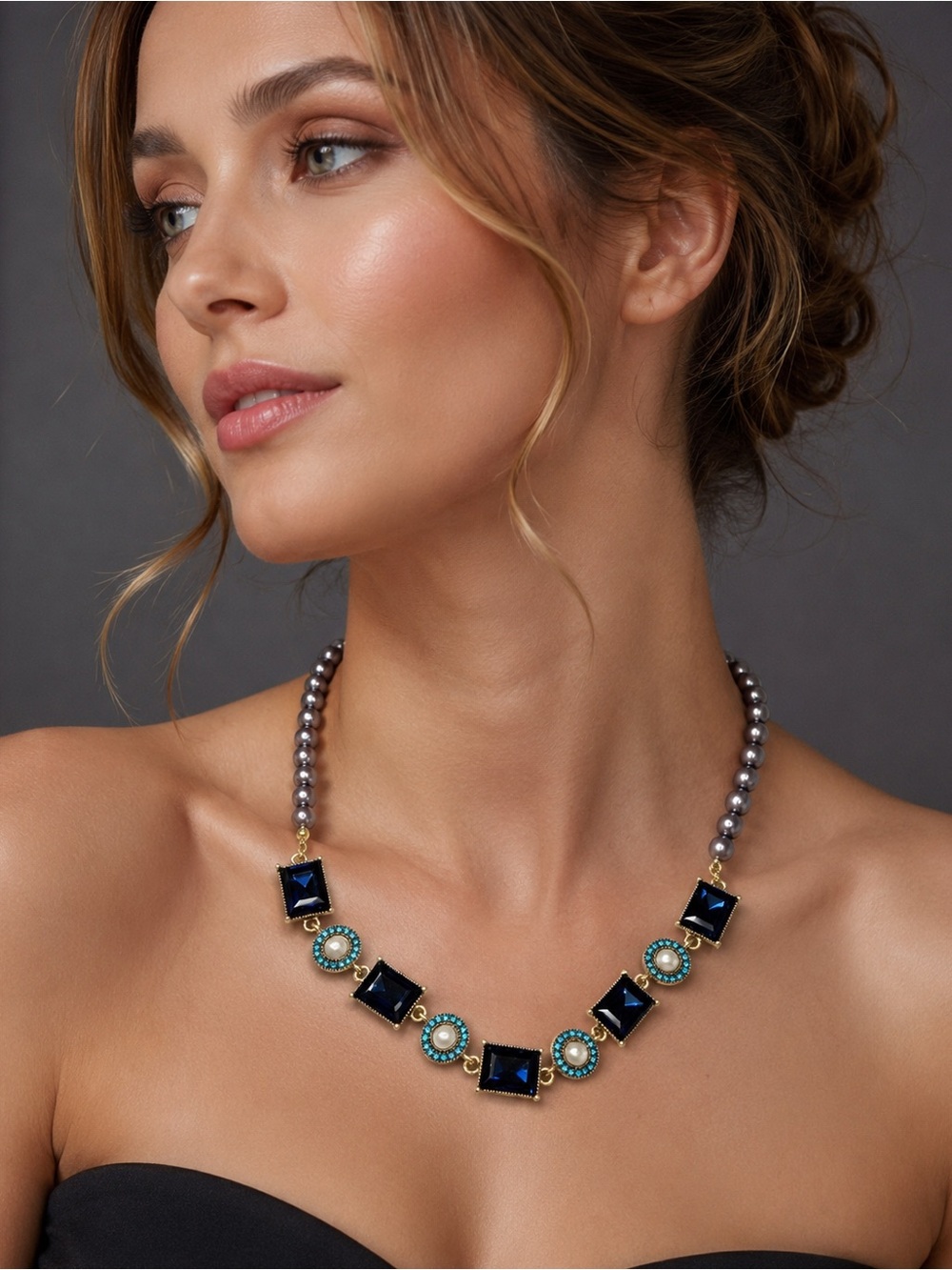 Blue Crystal Pearl Necklace & Earring Set - Picture 3 of 14